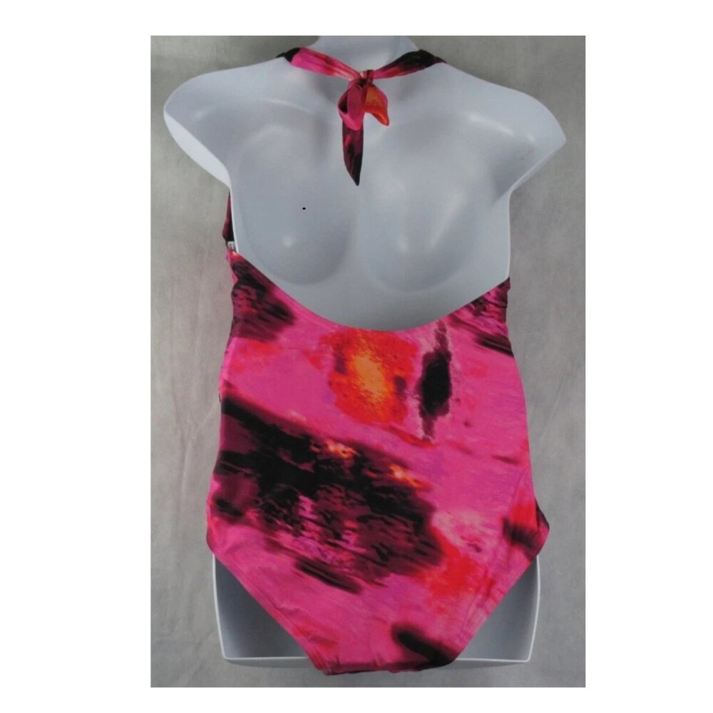 NWT DKNY Women's Plunge V-Neck Halter Style One-Piece Swimsuit, Pink Multi - Picture 2 of 3